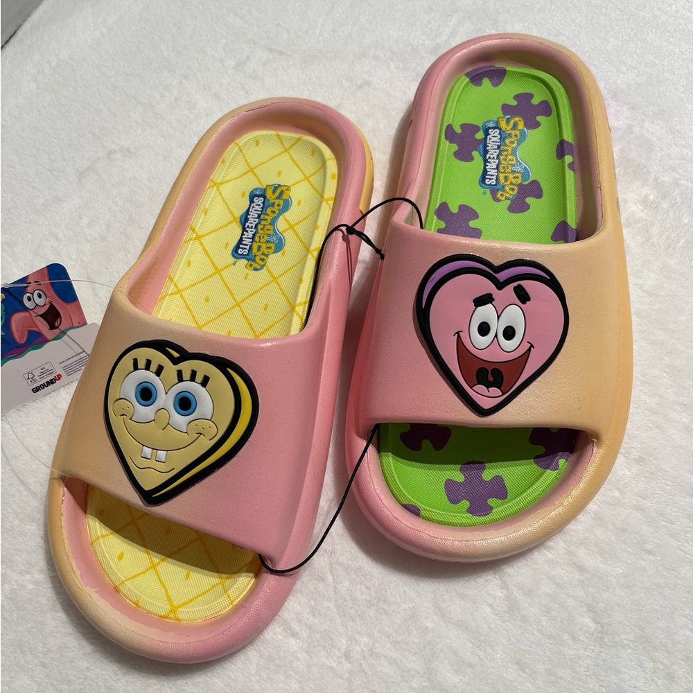 SpongeBob & Patrick Women’s Size 7 Slides Sandals Heart Face Pink & Yellow NWT